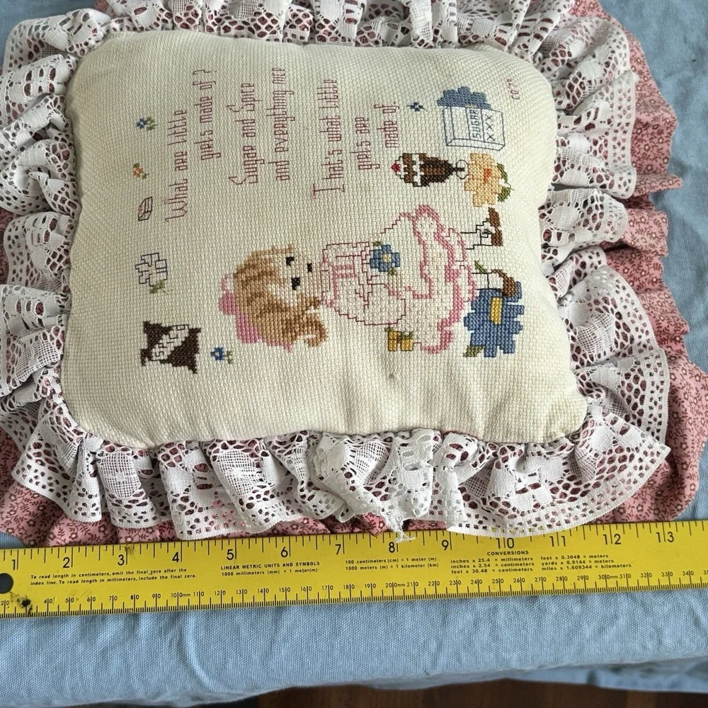 Vintage Handmade‎ Nursery Rhyme Pillow Embroidered Characters Little Girls  70's